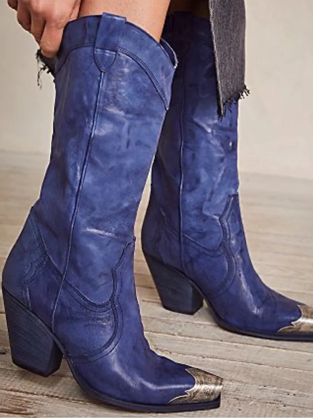 Free People Blue Western Heeled Cowboy Boots with Metallic Toe - Picture 2 of 5